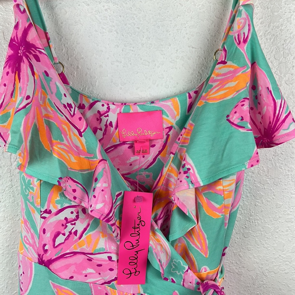 Worn once - Lilly Pulitzer Sz M Fontaine Wrap Dress - Surf Blue Bonita Blooms - Picture 7 of 11